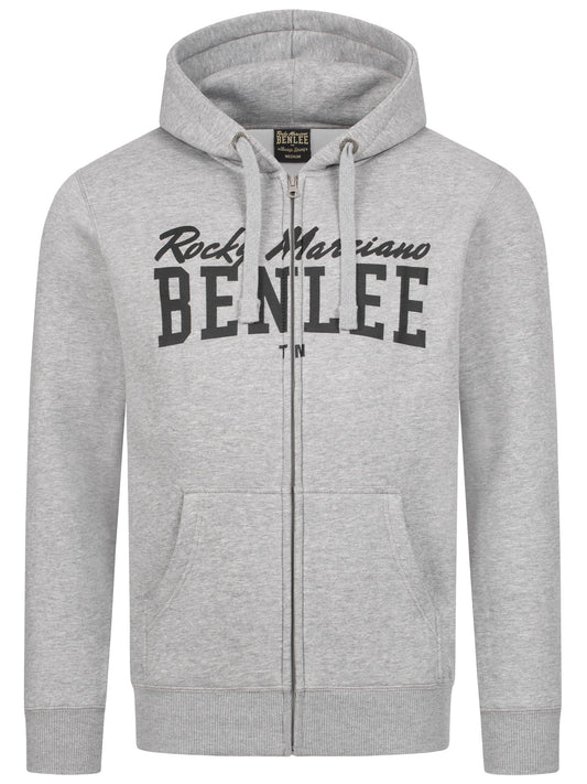 Grau melierte Sweatjacke mit Kapuze und durchgehendem Reißverschluss, großer Frontprint