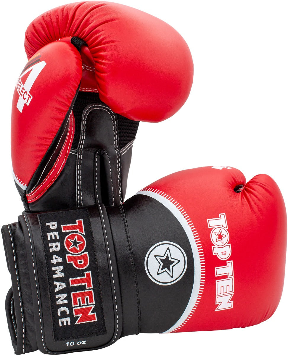 Boxhandschuhe 4Select von TOPTEN: rotes Paar mit schwarzem Handflächenbereich und Stern-Logo