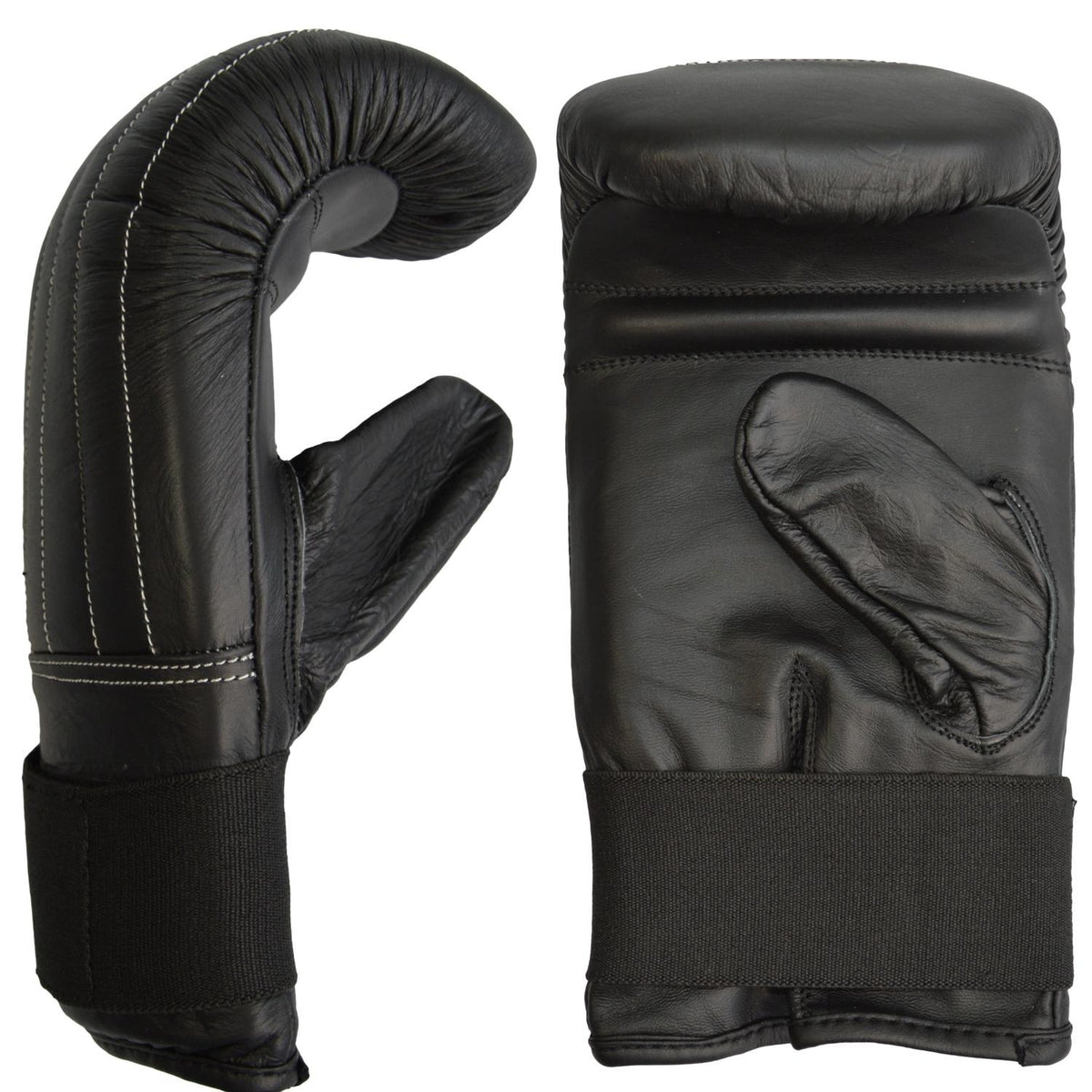 Boxsackhandschuhe aus Rindsleder, schwarz, mit Daumenpolster und elastischer Stulpe