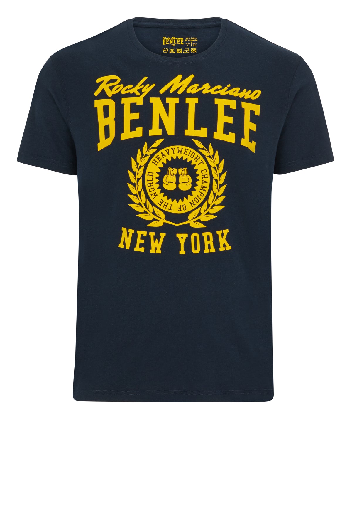 Dunkelblaues BENLEE T-Shirt Duxbury mit gelb-orangefarbenem Vorderdruck und Rundhalsausschnitt