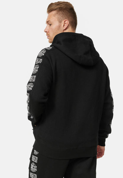 Schwarze Sweatjacke mit Kapuze, Rückansicht mit Ärmelprint und Logo-Details.