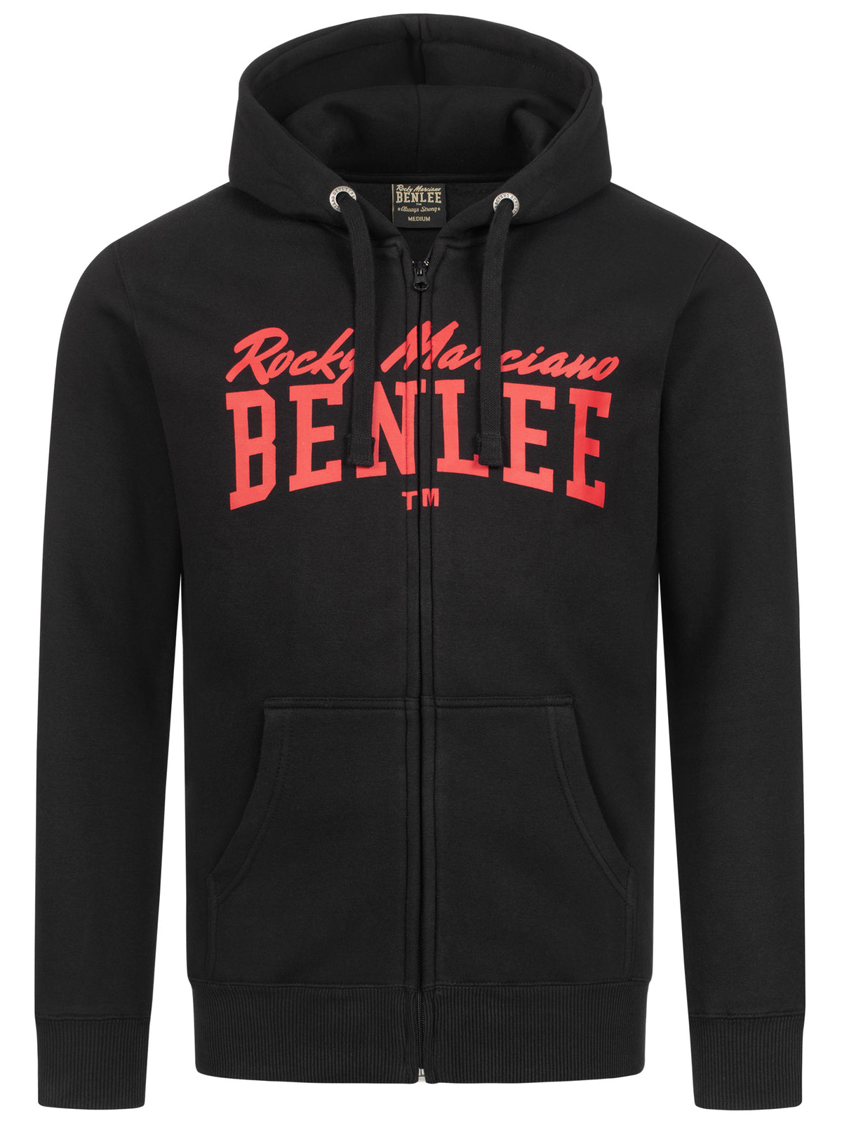 Schwarze Sweatjacke mit Reißverschluss, Kapuze und rotem Front-Logo, Kängurutaschen