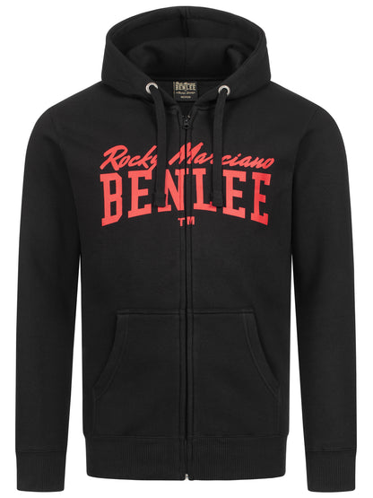 Schwarze Sweatjacke mit Reißverschluss, Kapuze und rotem Front-Logo, Kängurutaschen