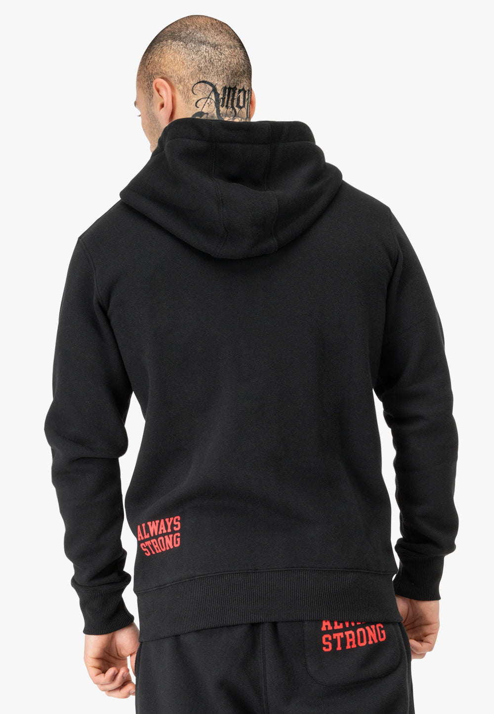 Schwarze Sweatjacke mit Kapuze und durchgehendem Reißverschluss, kleiner roter Rückenaufdruck