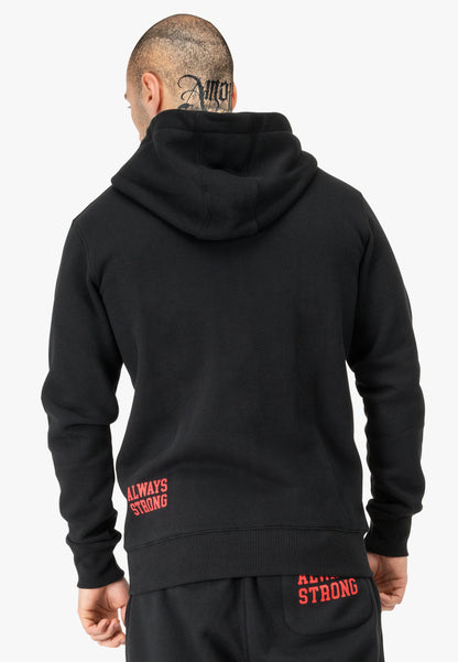Schwarze Sweatjacke mit Kapuze und durchgehendem Reißverschluss, kleiner roter Rückenaufdruck