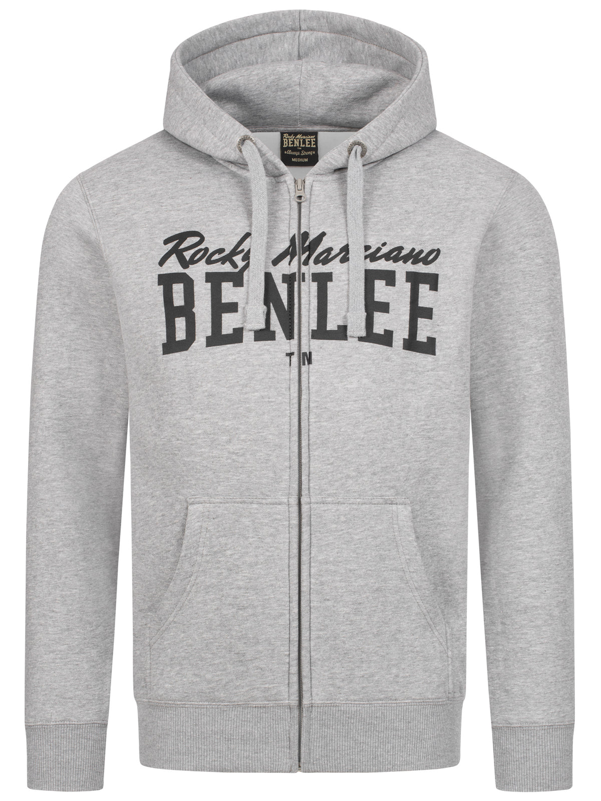 Grau melierte Sweatjacke mit Kapuze und durchgehendem Reißverschluss, großer Frontprint