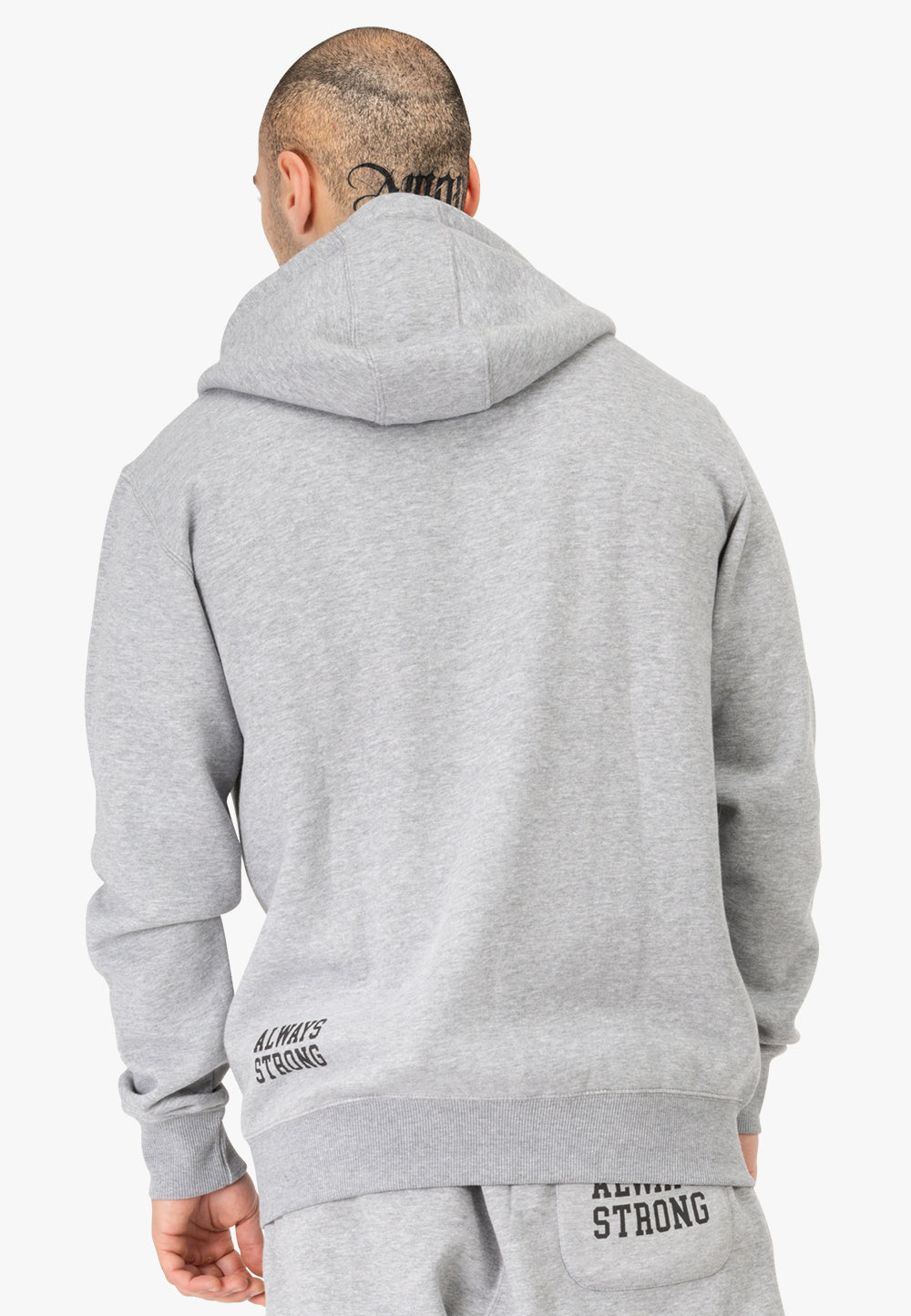 Rückansicht der grau melierten Sweatjacke mit Kapuze, Bündchen und Taschen