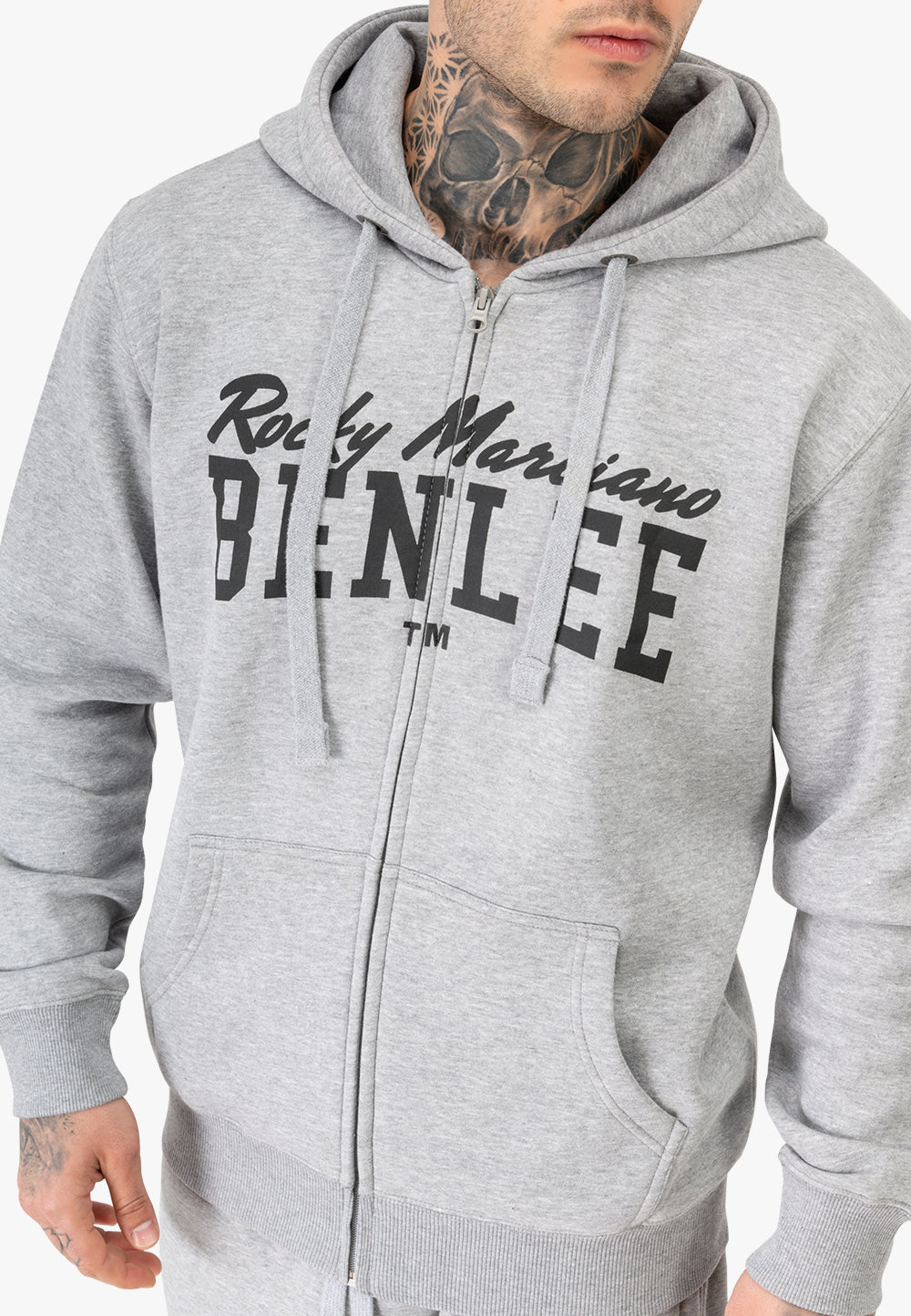 Grau melierte Zip-Sweatjacke mit Kapuze und Kängurutasche sowie großem Frontlogo