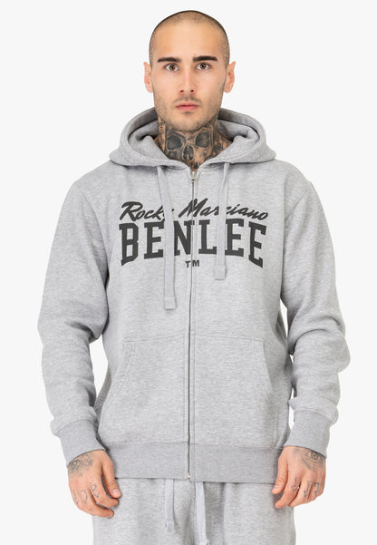 Grau melierte Sweatjacke mit Kapuze und Reißverschluss, vorderer Logo-Print mittig
