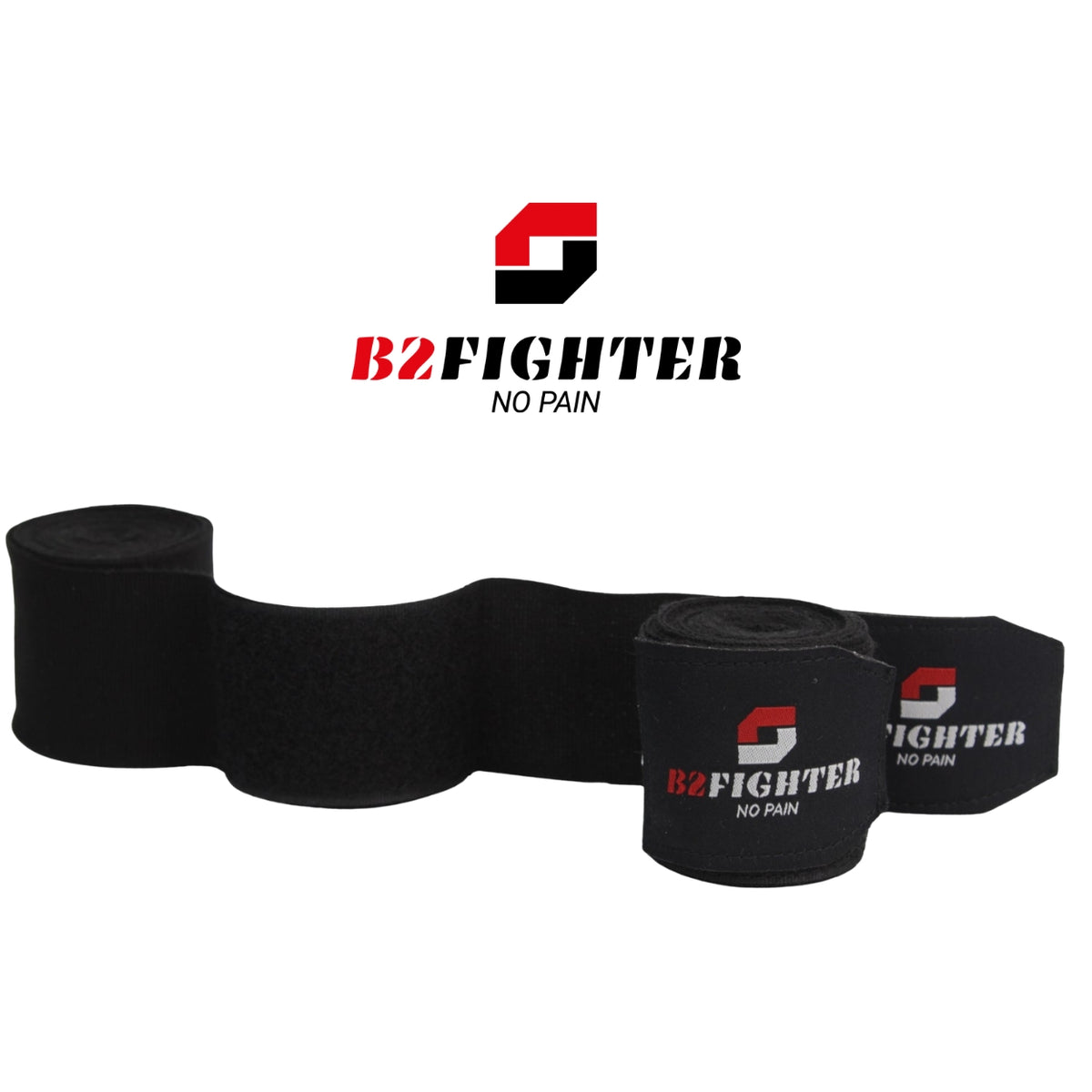 Schwarze Boxbandagen B2FIGHTER mit Logo, ein Paar, eingerollt