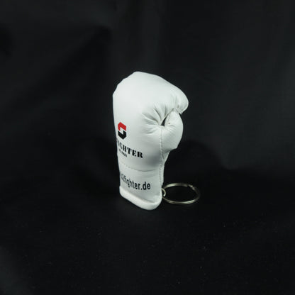 Mini-Boxhandschuh-Schlüsselanhänger, weißer Handschuh mit Ring und Logo am Stulpenende