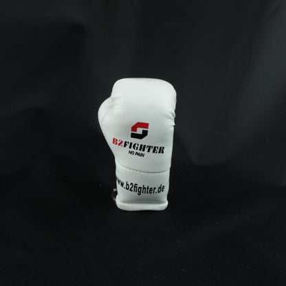 Mini-Boxhandschuh-Schlüsselanhänger, weißer Handschuh mit gesticktem Logo vorn