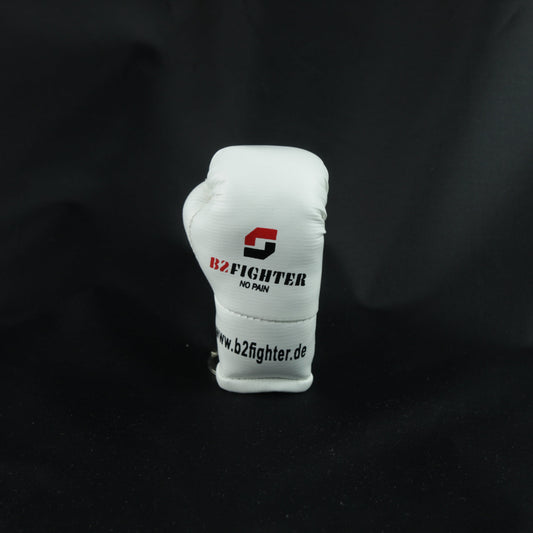 Mini-Boxhandschuh-Schlüsselanhänger, weißer Handschuh mit gesticktem Logo vorn
