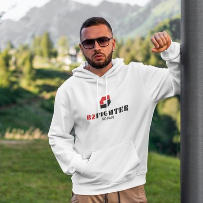 Weiße Hoodie mit Kapuze, Kängurutasche und B2FIGHTER-Logo auf der Brust