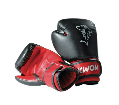 Kinder-Boxhandschuhe Mini-Shark von KWON, schwarz mit rotem Futter und Shark-Logo