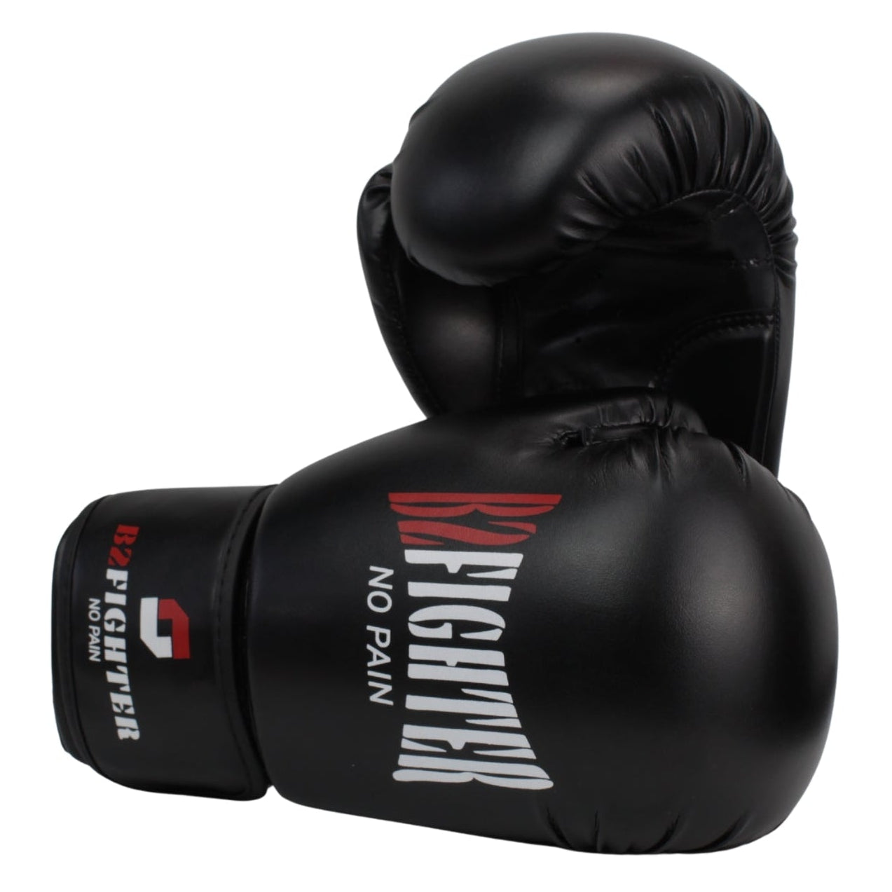 B2FIGHTER Boxhandschuhe, schwarz, Seitenlogo „BzFighter“ und „No Pain“.