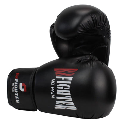 B2FIGHTER Boxhandschuhe, schwarz, Seitenlogo „BzFighter“ und „No Pain“.