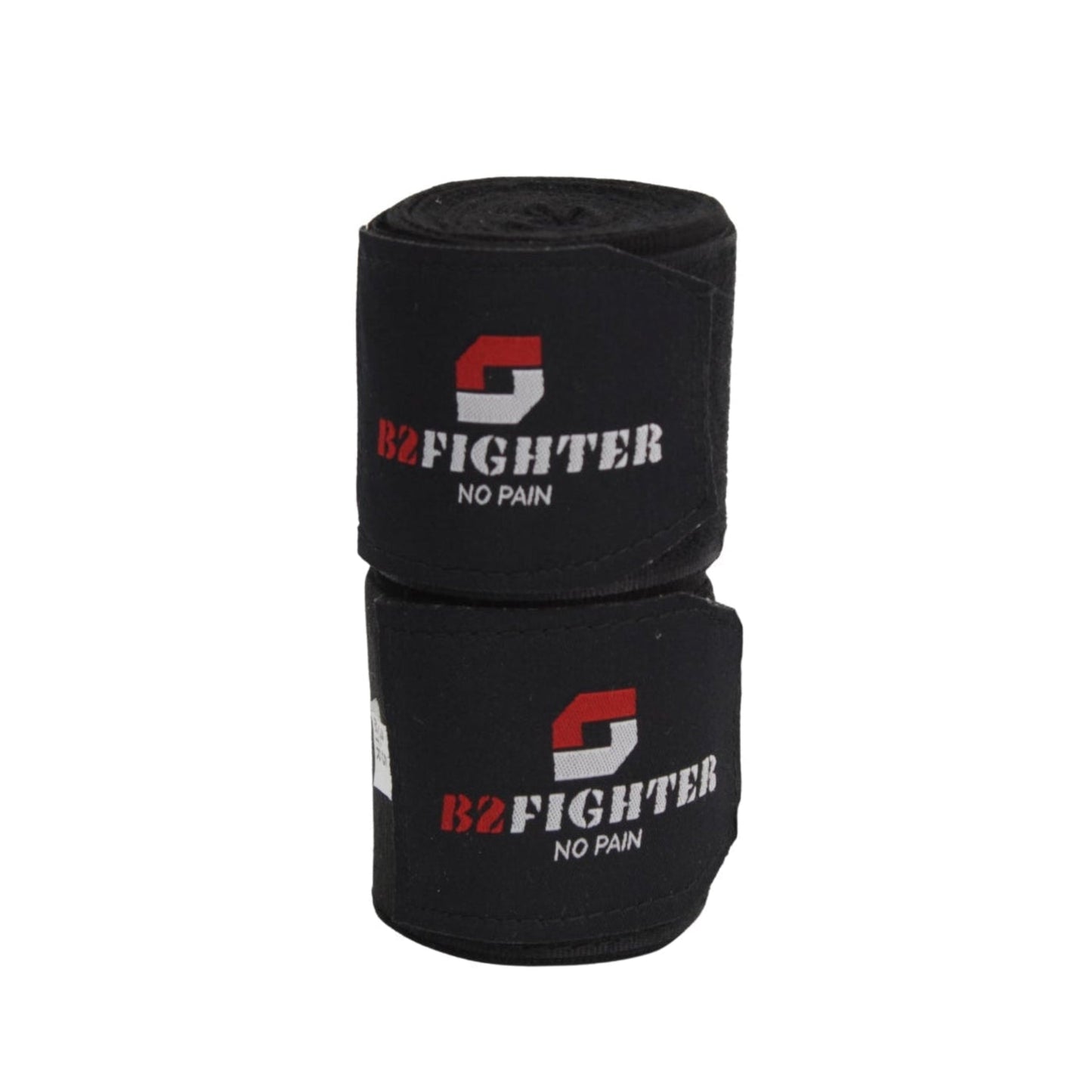 Gestapelte schwarze Boxbandagen mit B2FIGHTER Logo und „NO PAIN“ Aufdruck