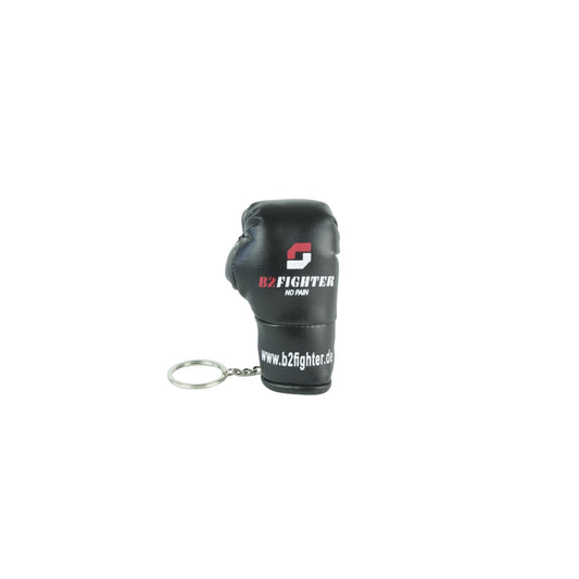 Schwarzer Mini-Boxhandschuh-Schlüsselanhänger mit Ring, Vorderseite mit Logo.