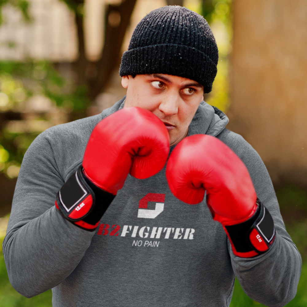 Grauer Kapuzenpullover mit Kapuze, Kängurutasche und Impact-Logo vorne.