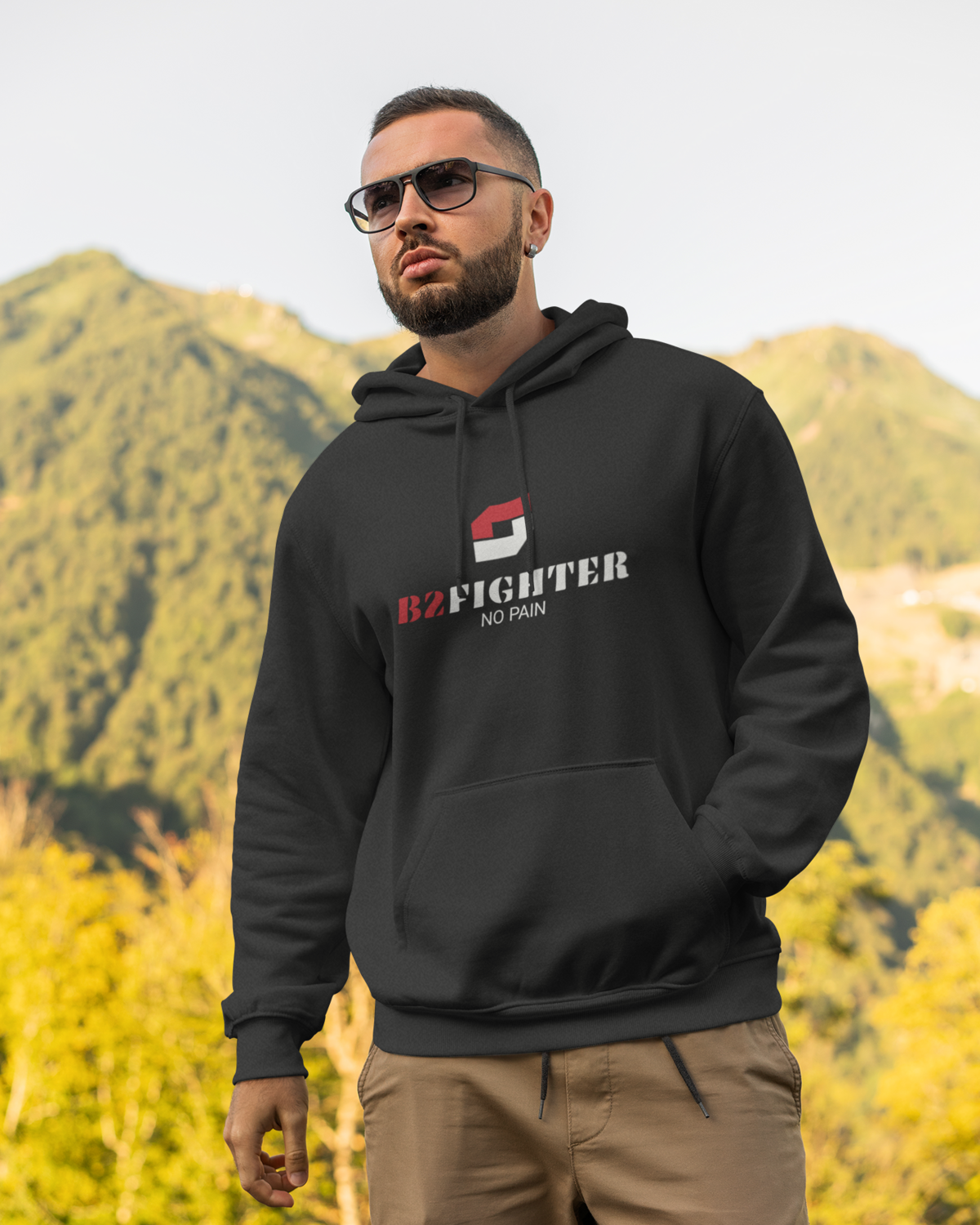 Dunkelgrauer Hoodie mit Kapuze und Kängurutasche, Impact-Logo vorn.