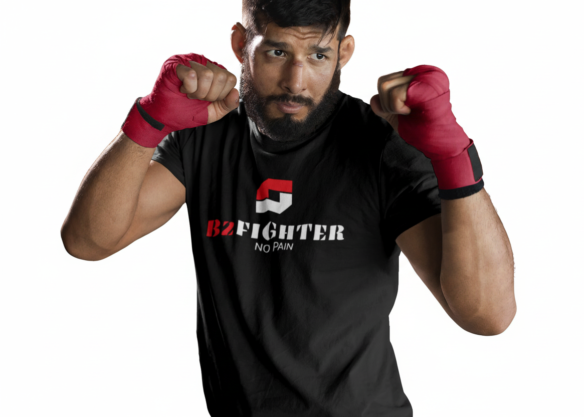 Schwarzes T-Shirt mit B2FIGHTER-Logo und „NO PAIN“ vorn, leicht seitlich.