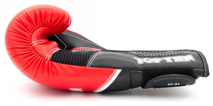 Boxhandschuhe: rotes Ringpolster, schwarzer Stulpenbereich mit TOPTEN-Schriftzug und Naht